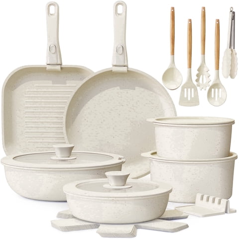 Astercook 22 Piece Pots and Pans Set Non Stick, Cookware Set with Detachable Handles, Oven Safe, Induction Ready, Stackable RV Kitchen Cooking Set, Cream White
