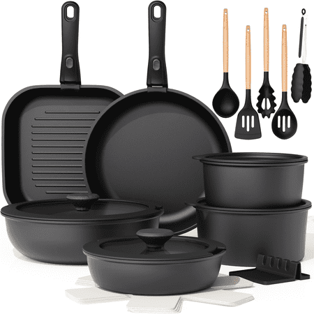Astercook 22 Piece Pots and Pans Set Non Stick, Cookware Set with Detachable Handles, Induction Compatible & Oven Safe, Stackable Space-Saving Kitchen Cooking Set for RV, Camping & Home, Black