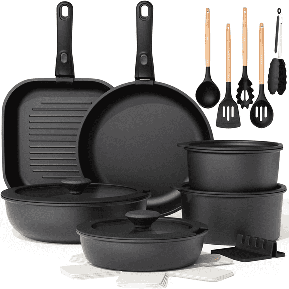 Astercook 22 Piece Pots and Pans Set Non Stick, Cookware Set with Detachable Handles, Induction Compatible & Oven Safe, Stackable Space-Saving Kitchen Cooking Set for RV, Camping & Home, Black