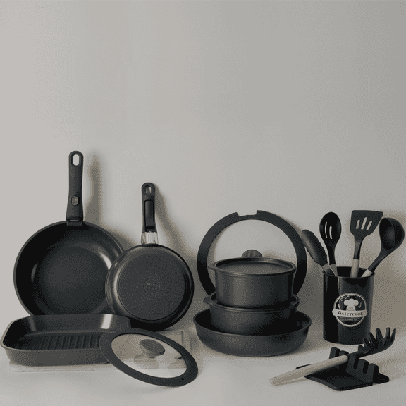 Astercook 22 Piece Pots and Pans Set Non Stick, Cookware Set with Detachable Handles & Space-Saving, Oven Safe, Induction Ready, Stackable RV Kitchen Cooking Set, Black