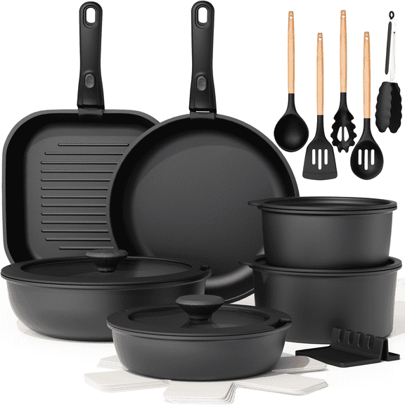Astercook 22 Piece Pots and Pans Set Non Stick, Cookware Set with Detachable Handles, Induction Compatible & Oven Safe, Stackable Space-Saving Kitchen Cooking Set for RV, Camping & Home, Black