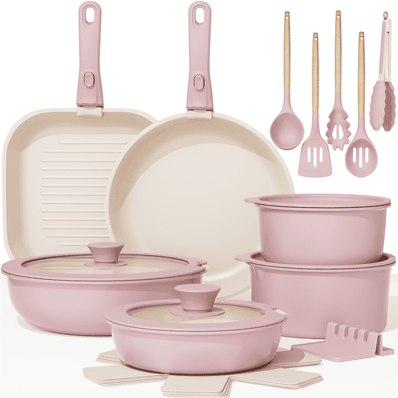 Astercook 22 Piece Pots and Pans Set Non Stick, Cookware Set with Detachable Handles, Induction Compatible & Oven Safe, Stackable Space-Saving Kitchen Cooking Set for RV, Camping & Home, Pink