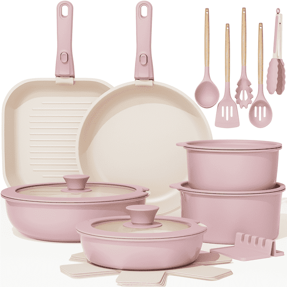 Astercook 22 Piece Pots and Pans Set Non Stick, Cookware Set with Detachable Handles, Induction Compatible & Oven Safe, Stackable Space-Saving Kitchen Cooking Set for RV, Camping & Home, Pink