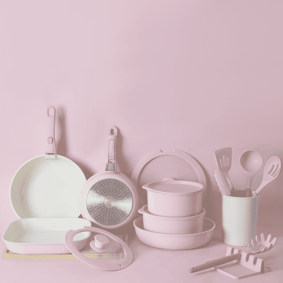 Astercook 22 Piece Pots and Pans Set Non Stick, Cookware Set with Detachable Handles & Space-Saving, Oven Safe, Induction Ready, Stackable RV Kitchen Cooking Set, Pink