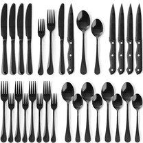 Astercook 25-Pieces Black Silverware Set with Steak Knives, Black Flatware Set for 4, Food-Grade Stainless Steel Tableware Cutlery Set, Eating Mirror Polished Utensil Set for Home Restaurant