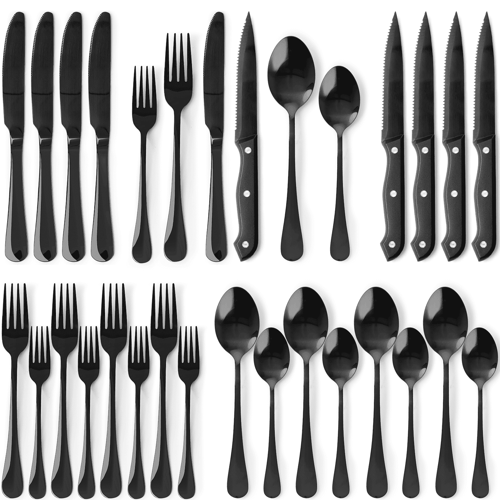 Walmart Saving of  Astercook 25-Pieces Black Silverware Set with Steak Knives, Black Flatware Set for 4, Food-Grade 410 Stainless Steel Tableware Cutlery Set, Eating Mirror Polished Utensil Set for Home Restaurant