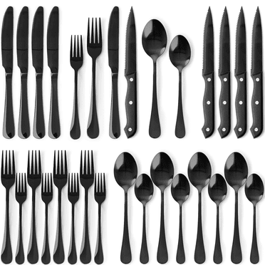 Astercook 25-Pieces Black Silverware Set with Steak Knives, Black Flatware Set for 4, Food-Grade 410 Stainless Steel Tableware Cutlery Set, Eating Mirror Polished Utensil Set for Home Restaurant