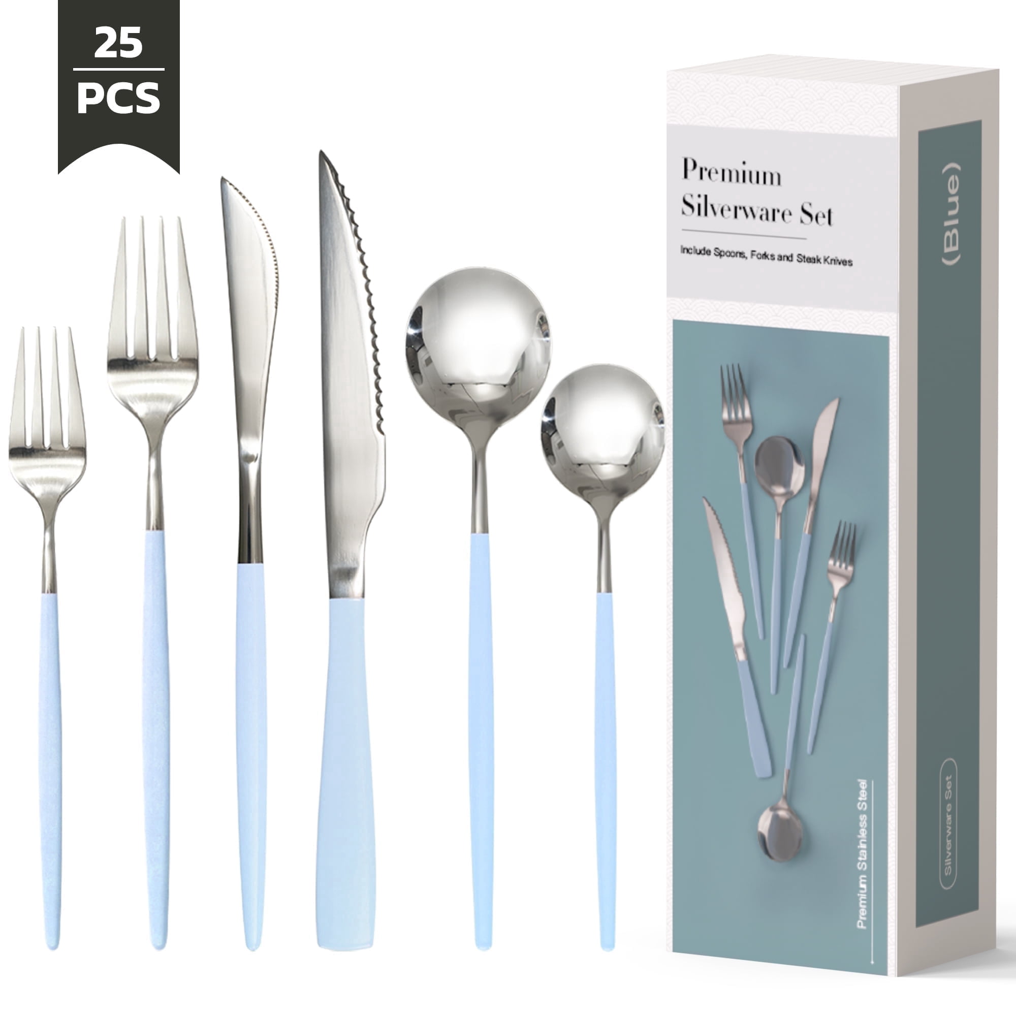Astercook 25-Pieces Silverware Set with Steak Knives for 4 - Great Food-Grade Stainless Steel Flatware Set, Mirror-polished Cutlery Utensil Sets, Ideal for Home Restaurant & Banquet Use, Blue
