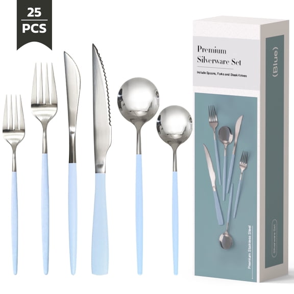 Astercook 25-Pieces Silverware Set with Steak Knives for 4 - Great Food-Grade Stainless Steel Flatware Set, Mirror-polished Cutlery Utensil Sets, Ideal for Home Restaurant & Banquet Use, Blue