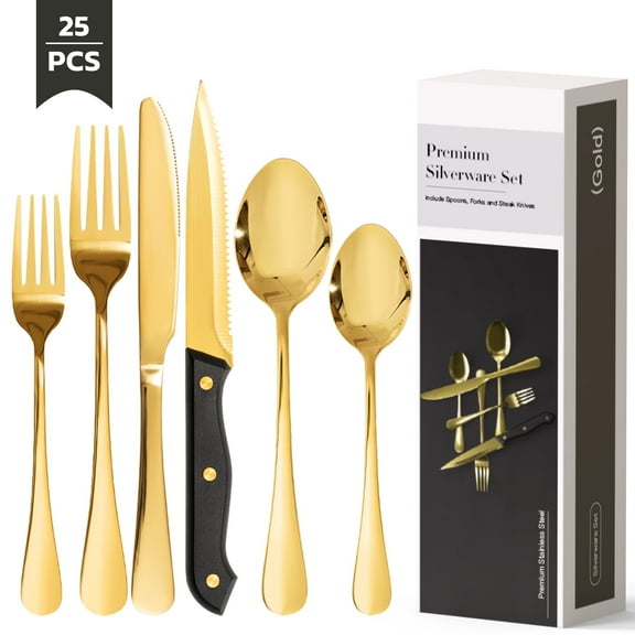 Astercook 25-Pieces Gold Silverware Set with Steak Knives, Tableware Set for 4 - Great Food-Grade Stainless Steel Gold Flatware Set, Mirror-Polished Dining Utensil Set Perfect for Home & Restaurant