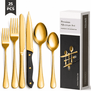 Astercook 25-Piece Gold Silverware Set with Steak Knives, Flatware Tableware Set for 4, Great Food-Grade Stainless Steel Cutlery Set, Mirror Polished Dining Utensils Set, Perfect for Home Restaurant