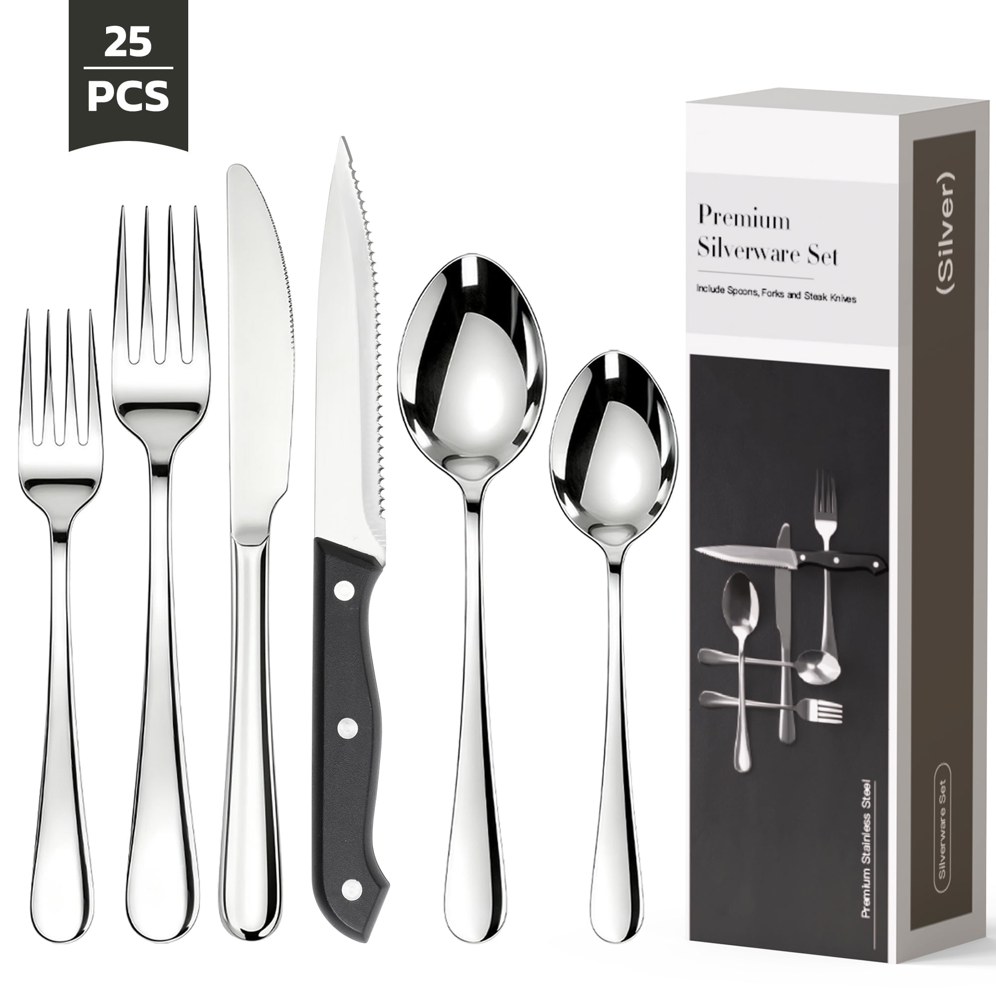 Astercook 25-Pieces Silverware Set with Steak Knives, Tableware Set for 4 - Great Food-Grade Stainless Steel Flatware Set, Mirror-Polished Dining Utensil Set Perfect for Home & Restaurant