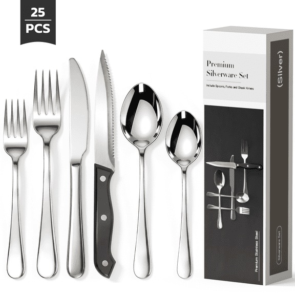 Astercook 25-Pieces Silverware Set with Steak Knives, Tableware Set for 4 - Great Food-Grade Stainless Steel Flatware Set, Mirror-Polished Dining Utensil Set Perfect for Home & Restaurant