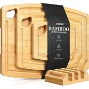 Astercook 4-Piece Bamboo Cutting Board Set with Holder, Natural Wood Cutting Boards with Juice Grooves and Easy-Grip Handles, Kitchen Chopping Boards for Prep a