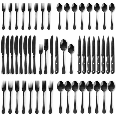 Astercook 49-Pieces Black Silverware Set with Steak Knives, Black Flatware Set for 8, Food-Grade Stainless Steel Tableware Cutlery Set, Eating Mirror Polished Utensil Set for Home Restaurant