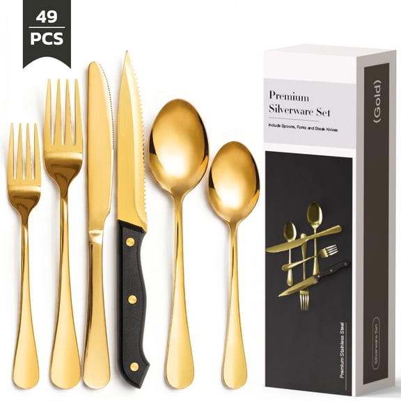 Astercook 49-Piece Gold Silverware Set with Steak Knives, Flatware Tableware Set for 8, Great Food-Grade Stainless Steel Cutlery Set, Mirror Polished Dining Utensils Set, Perfect for Home Restaurant