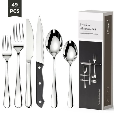 Astercook 49-Pieces Silverware Set with Steak Knives, Tableware Set for 8 - Great Food-Grade Stainless Steel Flatware Set, Mirror-Polished Dining Utensil Set Perfect for Home & Restaurant