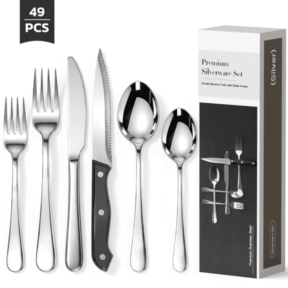 Astercook 49-Pieces Silverware Set with Steak Knives, Tableware Set for 8 - Great Food-Grade Stainless Steel Flatware Set, Mirror-Polished Dining Utensil Set Perfect for Home & Restaurant