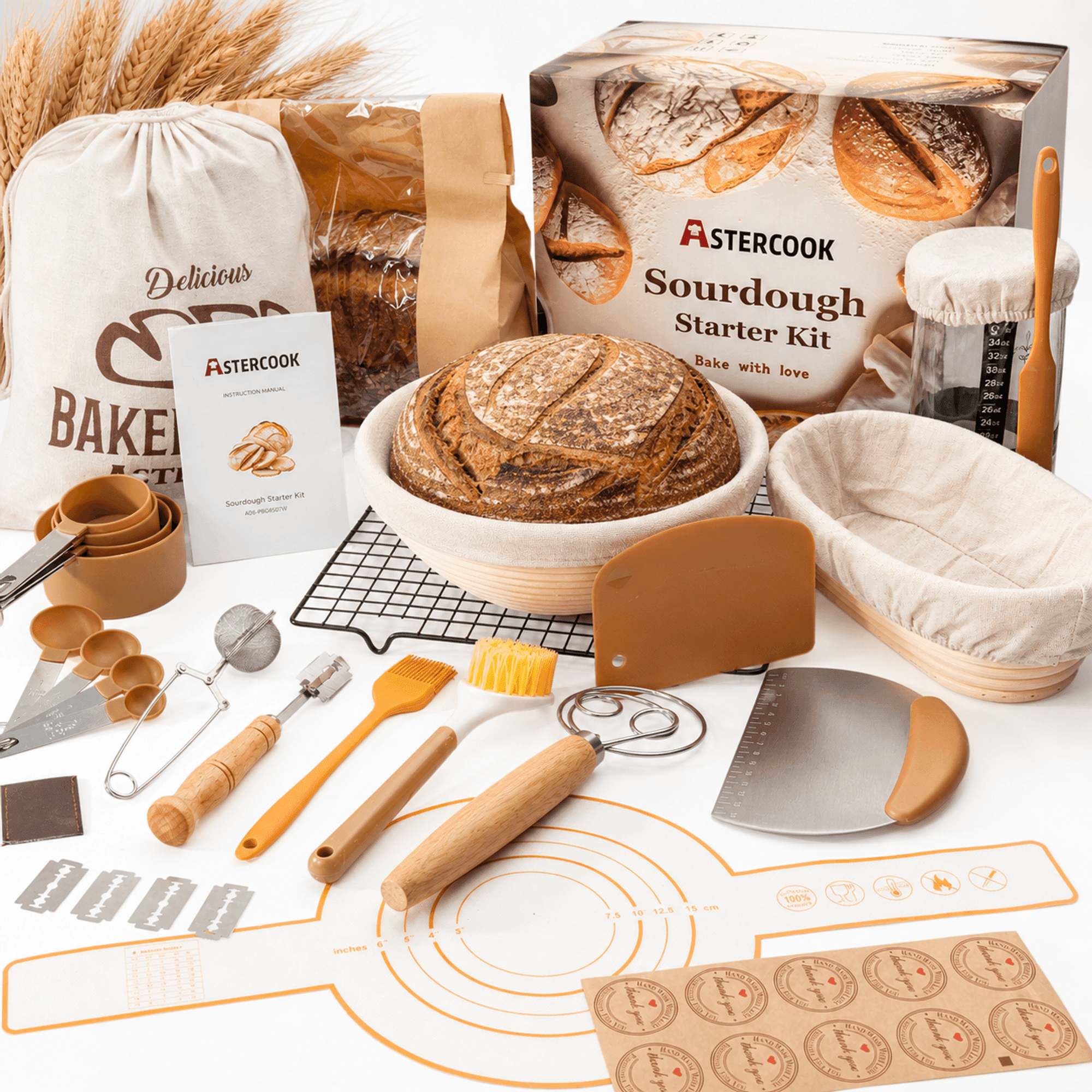 Astercook Sourdough Starter Kit, 56-Piece Bread Making Kit with Round &amp; Oval Bread Proofing Baskets, Complete Sourdough Bread Baking Supplies Set, Perfect Gifts for Beginners &amp; Home Bakers