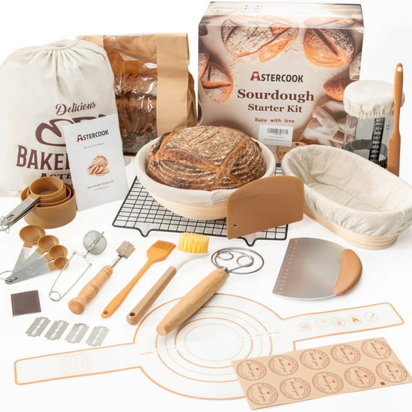 Astercook 56-Piece Sourdough Starter Kit with Round & Oval Banneton Bread Proofing Baskets, Sourdough Bread Baking Supplies for Bakers, Bread Making Kit Ideal for Bread Making, Proofing & Baking