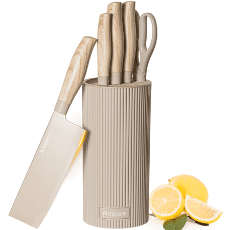 Astercook Knife Set, 6-Piece Kitchen Knives Set with Block & Non-Stick Healthy Coating, Stainless Steel Chef Knives with Anti-Slip Ergonomic Handle, Dishwasher Safe, Perfect Kitchen Home Gifts, Beige