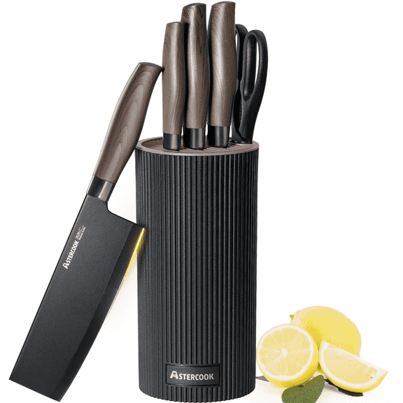 Astercook Knife Set, 6-Piece Kitchen Knives Set with Block & Non-Stick Healthy Coating, Stainless Steel Chef Knives with Anti-Slip Ergonomic Handle, Dishwasher Safe, Perfect Kitchen Home Gifts, Black