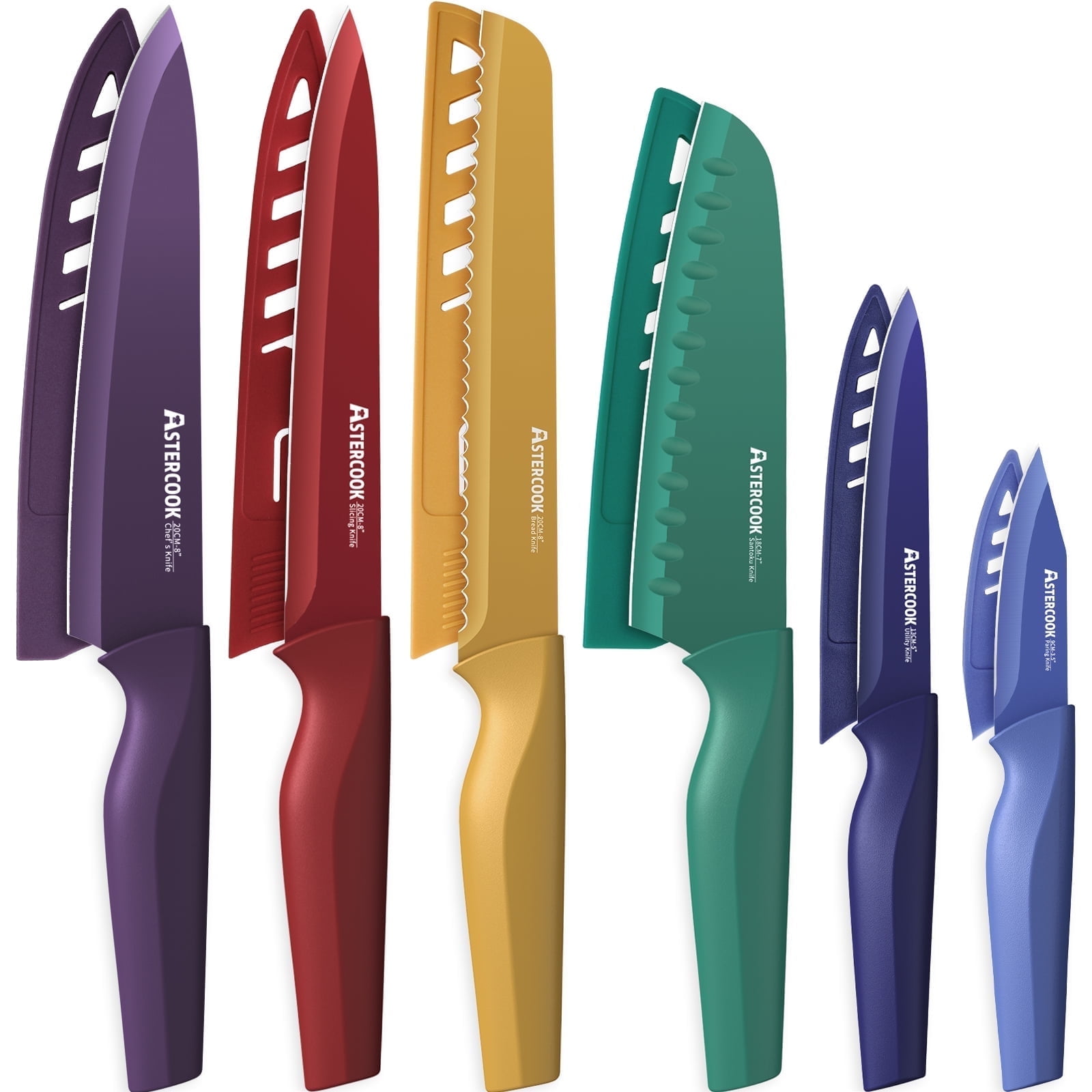 Walmart sales :  Astercook 6 Piece Color-Coded Kitchen Knife Set, Stainless Steel Chef Knives with 6 Anti-Rust Coating Blades and Blade Guards, Dishwasher Safe