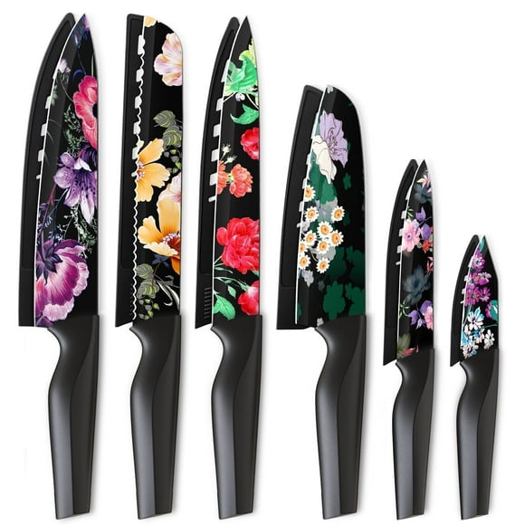 Astercook 6 Piece Flower Kitchen Knife Set, German High Carbon Stainless Steel Knives Sets with 6 Blade Guards Dishwasher Safe, Perfect Gifts for Kitchen