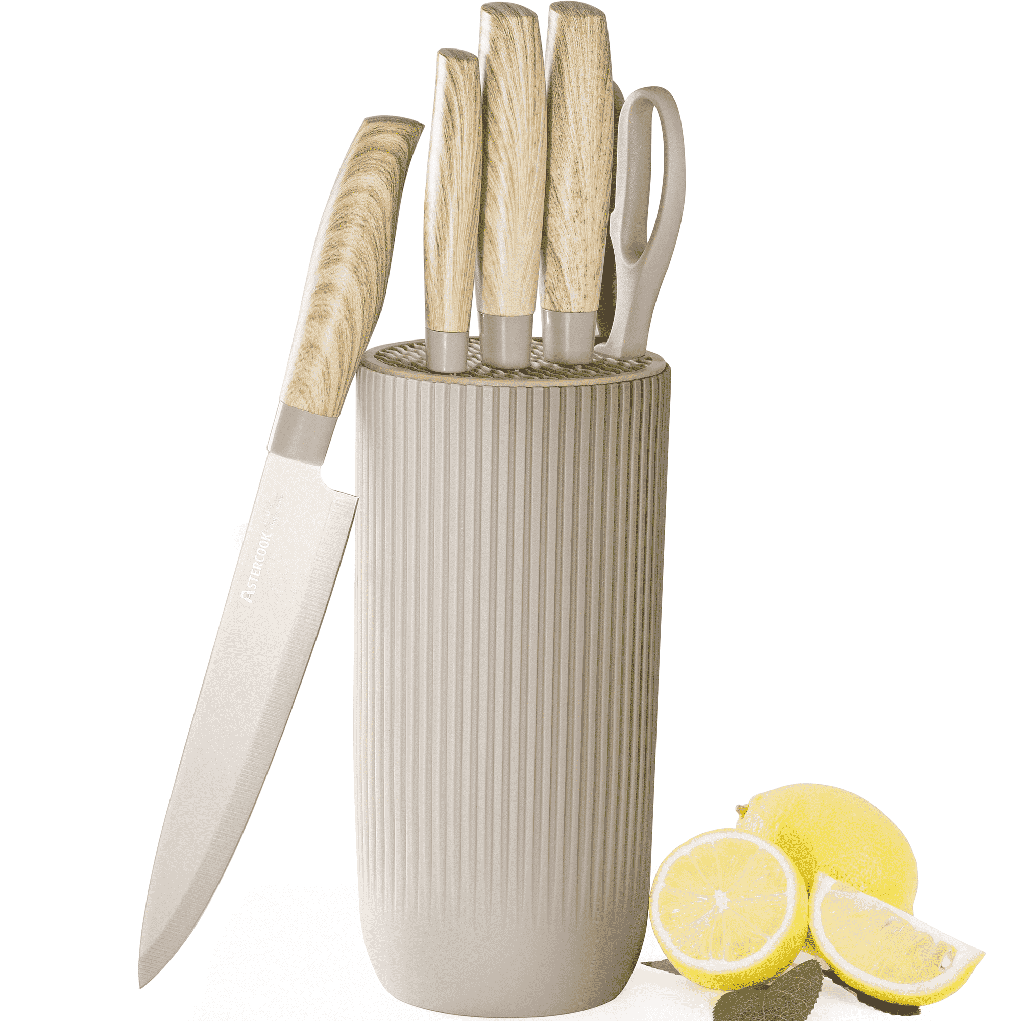 Astercook 6 Piece Beige Knife Set, Kitchen Knives Block Sets with Healthy Anti-Rust Coating, Stainless Steel Chef Knife Set Dishwasher Safe, Perfect Holiday Gifts for Kitchen