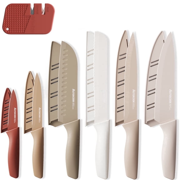Astercook Knife Set, 7-Piece Kitchen Knives Set with Sharpener, High Carbon Stainless Steel Chef Knives with Anti-Rust Coating & 6 Blade Guards, Dishwasher Safe