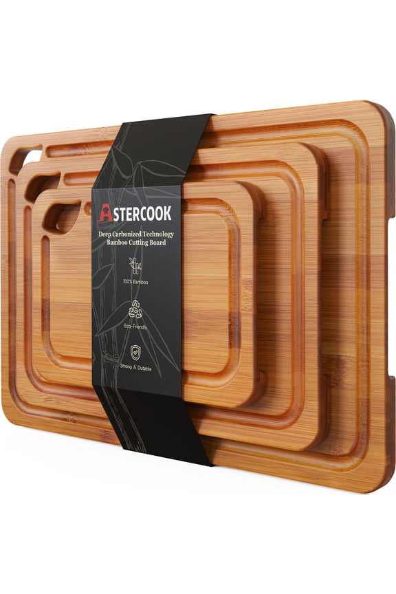 4-Pieces Wood Cutting Board, Bamboo Chopping Board for Kitchen with Holder, Cutting Boards Set with Juice Groove and Handles, Charcuterie Board for Chopping Meat, Vegetables and Fruits