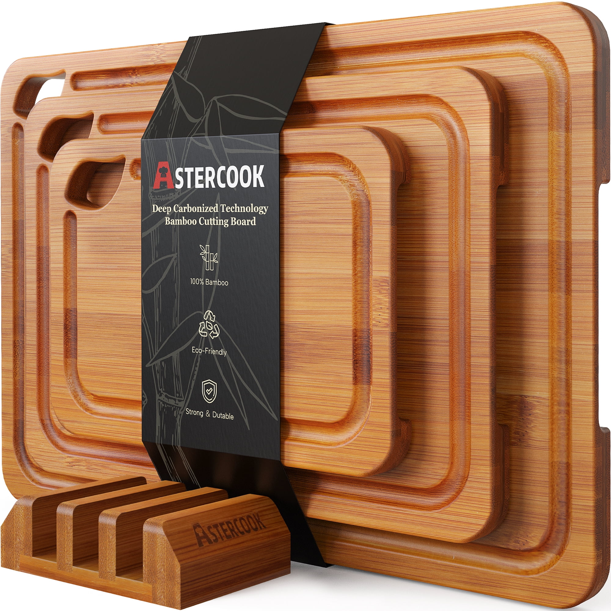 Astercook 4-Pieces Wood Cutting Board, Bamboo Chopping Board for Kitchen with Holder, Cutting Boards Set with Juice Groove and Handles, Charcuterie Board for Chopping Meat, Vegetables and Fruits
