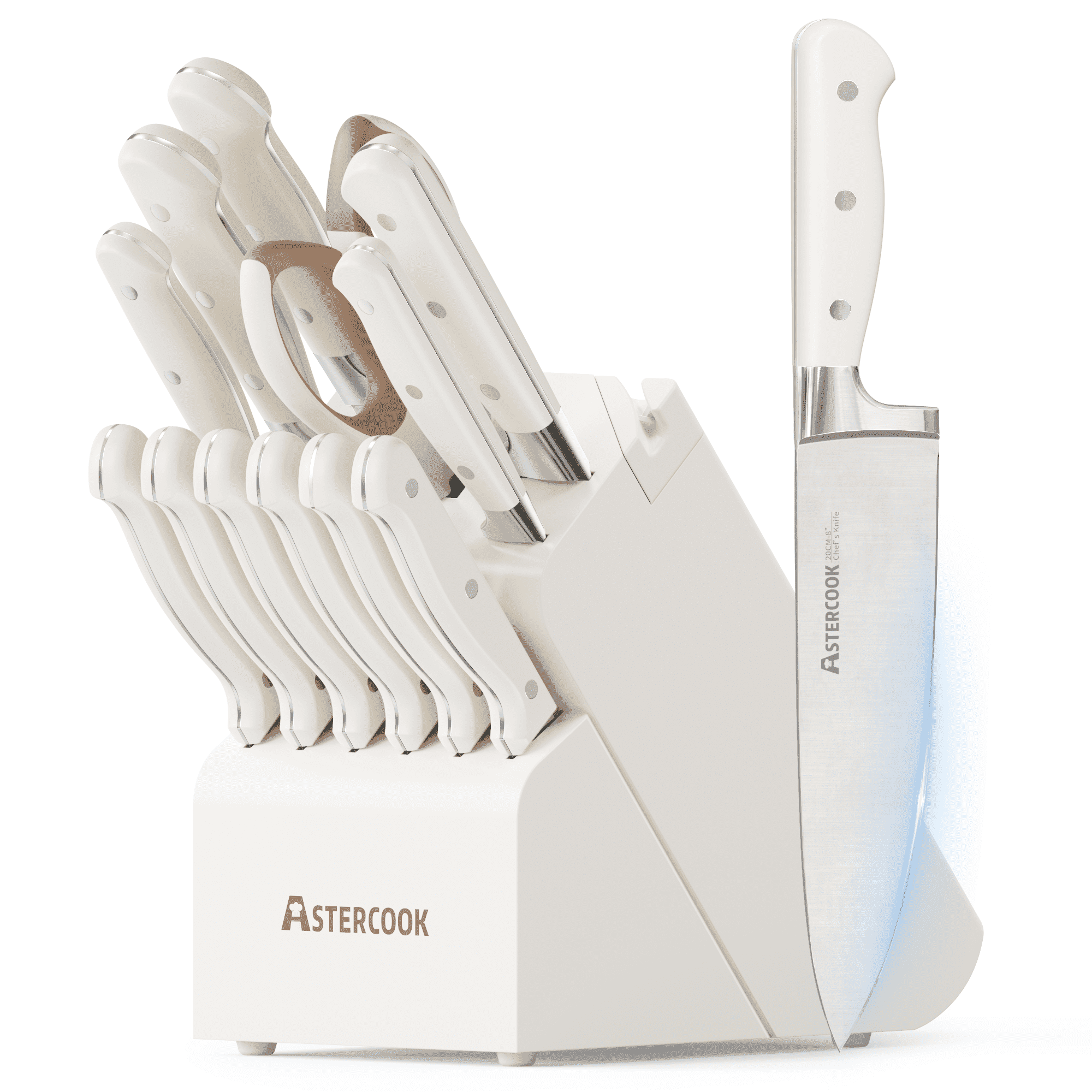 Astercook 14-Piece Knife Set with Block and Built-in Sharpener, Professional Full-Tang Kitchen Knife Set, Elegant Cream White Design for for Modern Kitchens and Housewarming Gifts