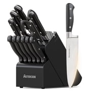 Astercook 14-Piece Knife Set with Block and Built-in Sharpener, Professional Full-Tang Kitchen Knife Set, Sleek Black Design for Modern Kitchens and Housewarmin