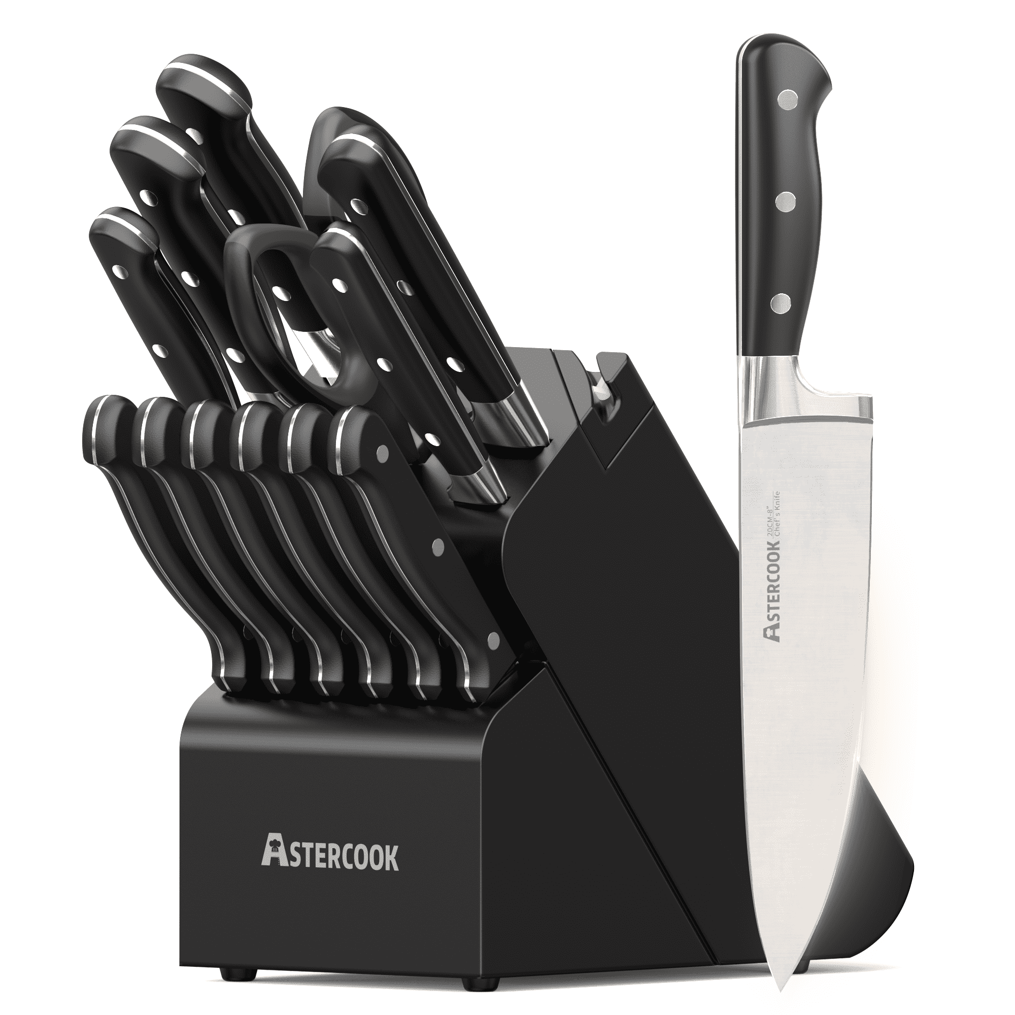 Astercook 14-Piece Knife Set with Block and Built-in Sharpener, Professional Full-Tang Kitchen Knife Set, Sleek Black Design for Modern Kitchens and Housewarming Gifts