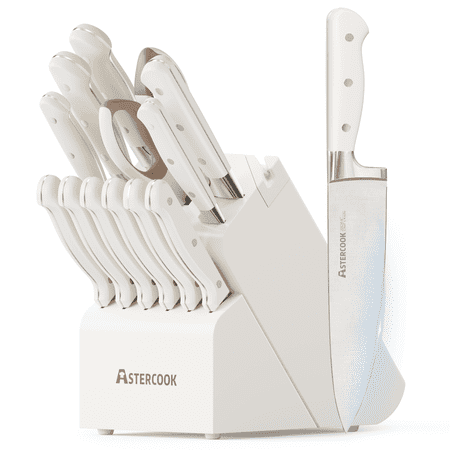 Astercook 14-Piece Knife Set with Block and Built-in Sharpener, Professional Full-Tang Kitchen Knife Set, Elegant Cream White Design for for Modern Kitchens and Housewarming Gifts