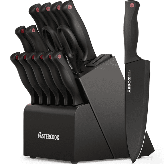 Astercook 14-Piece Kitchen Knife Set, Knives Block Set with Built-in Sharpener, Healthy Anti-Rust Coating & German Stainless Steel Knife Set, Dishwasher Safe Black