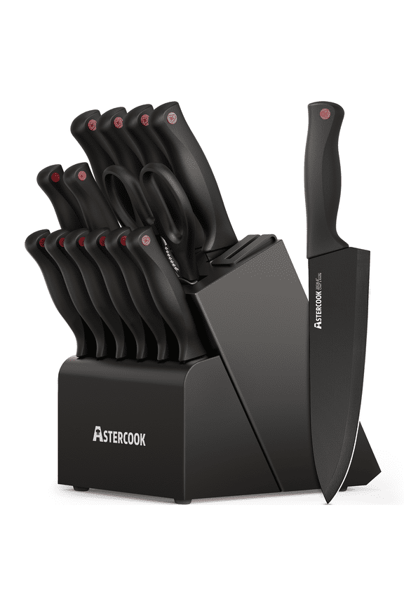 14-Piece Kitchen Knife Set, Knives Block Set with Built-in Sharpener, Healthy Anti-Rust Coating & German Stainless Steel Knife Set, Dishwasher Safe Black