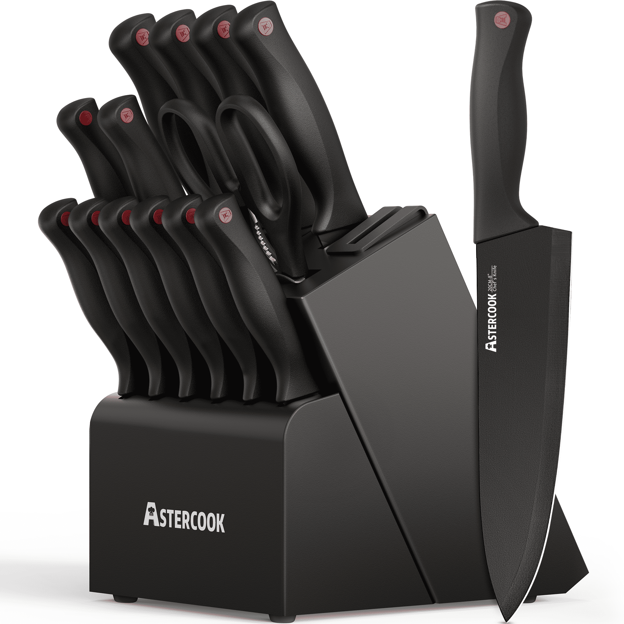 Astercook 14-Piece Kitchen Knife Set, Knives Block Set with Built-in Sharpener, Healthy Anti-Rust Coating & German Stainless Steel Knife Set, Dishwasher Safe Black
