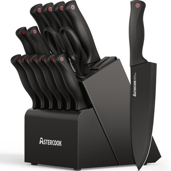 Astercook 14-Piece Kitchen Knife Set, Knives Block Set with Built-in Sharpener, Healthy Anti-Rust Coating & German Stainless Steel Knife Set, Dishwasher Safe Black