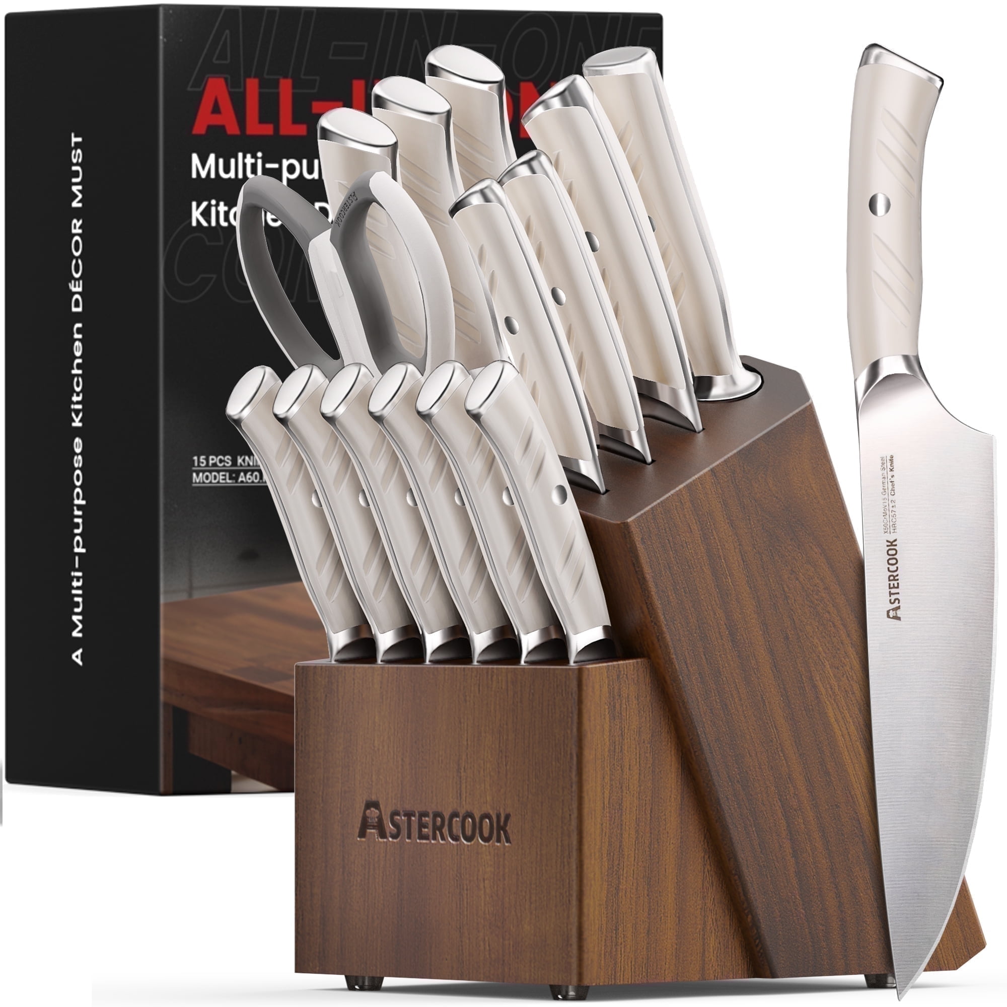 Astercook Kitchen Knife Set, 14-Piece Full Tang Knife Block Set and Build-in Sharpener, German Stainless Steel Knives Sets for Cutting and Cooking-Ergonomic Handles & Dishwasher Safe White - Walmart.com