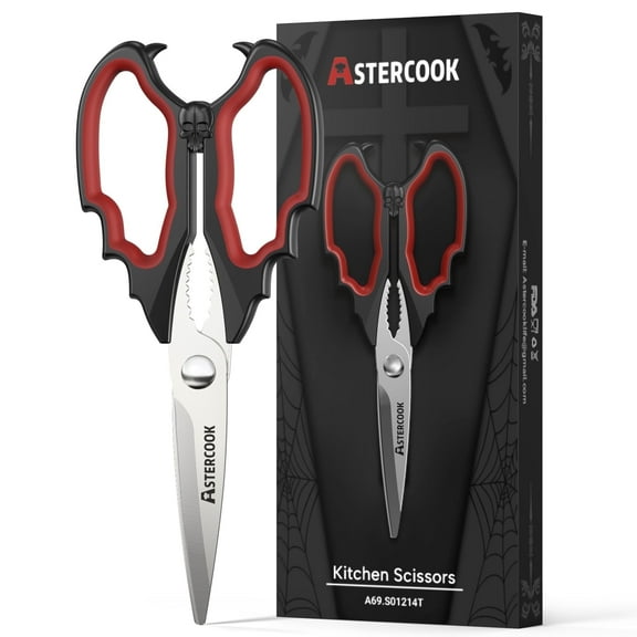 Astercook Halloween Kitchen Scissors, Gothic Skull Heavy Duty Shears for Cooking, Poultry, Herbs – Spooky Pumpkin Design, Dishwasher Safe, Perfect Gift for Halloween Party & Home Décor Red