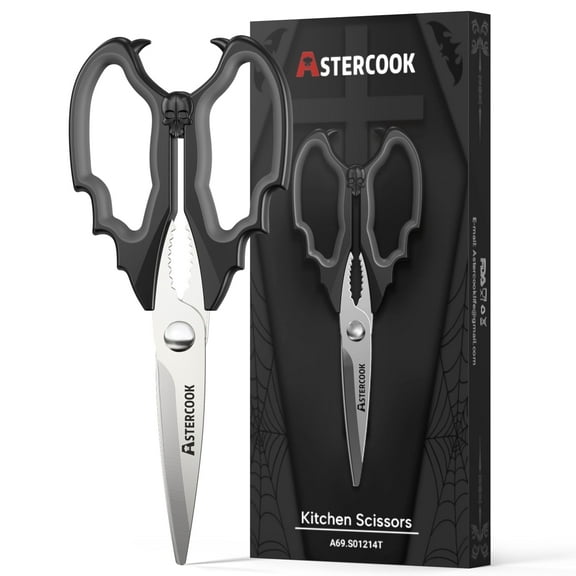 Astercook Halloween Kitchen Scissors, Gothic Skull Heavy Duty Shears for Cooking, Poultry, Herbs – Spooky Pumpkin Design, Dishwasher Safe, Perfect Gift for Halloween Party & Home Décor Black