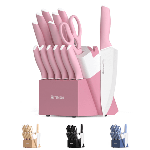 Astercook Knife Set, 14 Pieces Kitchen Knives Set with Healthy Anti-Rust Coating, Stainless Steel Knife Sets with Built-in Sharpener, Sharp & Rust Resistant Dishwasher Safe Pink