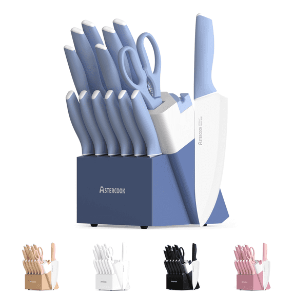 Astercook Knife Set, 14 Pieces Kitchen Knives Set with Healthy Anti-Rust Coating, Stainless Steel Knife Sets with Built-in Sharpener, Sharp & Rust Resistant Dishwasher Safe Delicate Blue