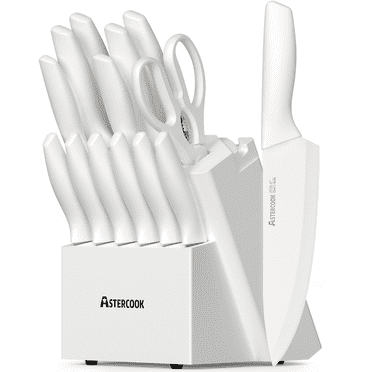 Astercook Knife Set, 14 Pieces Kitchen Knives Set with Healthy Anti-Rust Coating, Stainless Steel Knife Sets with Built-in Sharpener, Sharp & Rust Resistant Dishwasher Safe Bright White