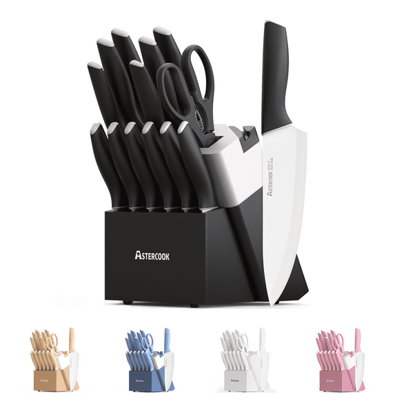 Astercook Knife Set, 14 Pieces Kitchen Knives Set with Healthy Anti-Rust Coating, Stainless Steel Knife Sets with Built-in Sharpener, Sharp & Rust Resistant Dishwasher Safe Elegant Black