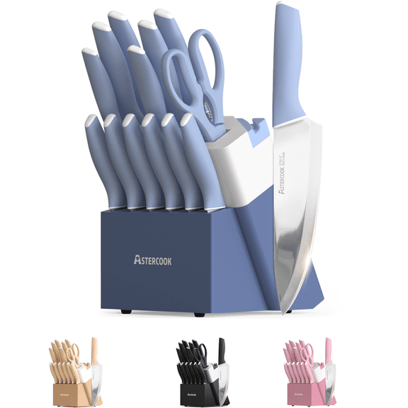 Astercook Knife Set, 14 Pieces Kitchen Knives Set with Healthy Anti-Rust Coating, Stainless Steel Knife Sets with Built-in Sharpener, Sharp & Rust Resistant Dishwasher Safe Delicate Blue