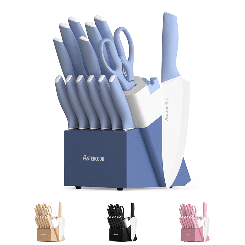Astercook Knife Set, 14 Pieces Kitchen Knives Set with Healthy Anti-Rust Coating, Stainless Steel Knife Sets with Built-in Sharpener, Sharp & Rust Resistant Dishwasher Safe Delicate Blue