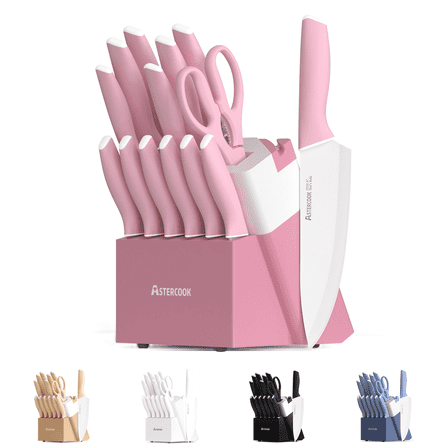 Astercook Knife Set, 14 Pieces Kitchen Knives Set with Healthy Anti-Rust Coating, Stainless Steel Knife Sets with Built-in Sharpener, Sharp & Rust Resistant Dishwasher Safe Pink